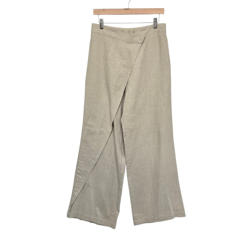 Zara Womens Beige Linen Blend High Rise Wide Leg Wrap Front Trousers Size Small